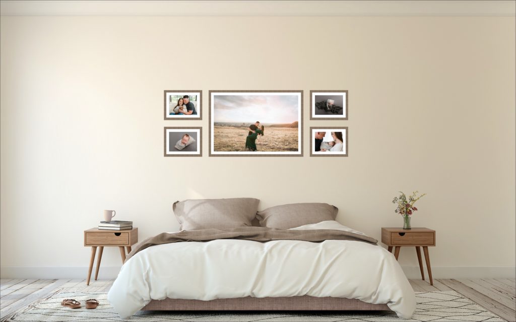 Framed photo above bed, with surrounding collection boxes as framed prints