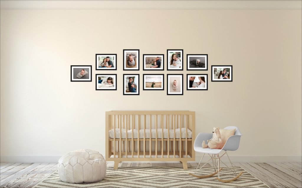 Gallery wall of photos above crib in nursery