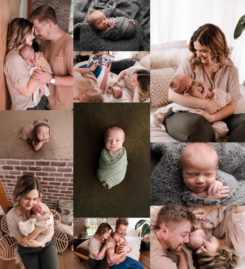 Newborn, family, and maternity photo collage illustrating the red thread technique