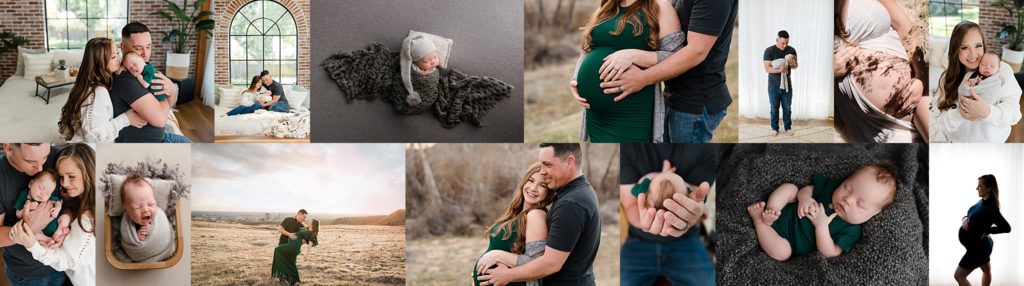 Maternity and newborn photos with similar style using the red thread technique
