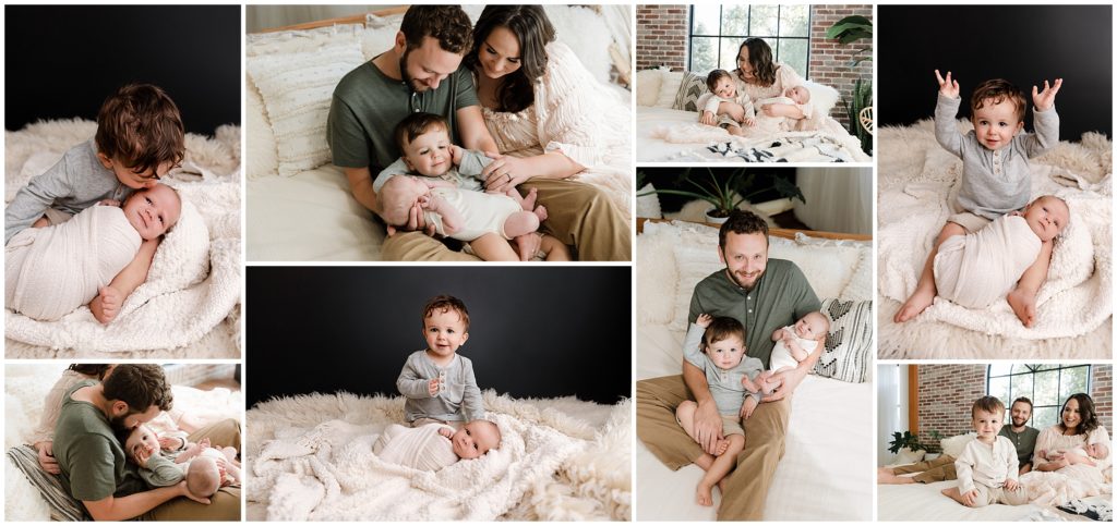Collage of newborn baby with family in Boise Idaho photographer's studio