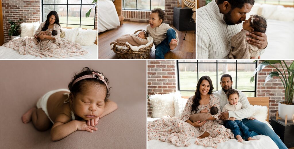 Collage of newborn and family portraits taken in a natural light Boise photo studio