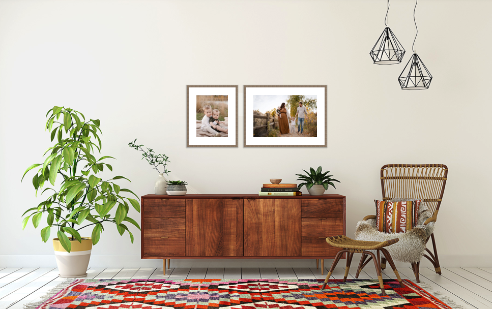 Fall-themed family photo gallery wall in living room entryway