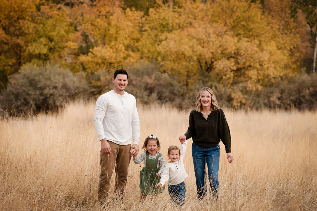 Family of 4 at Boise's Military Reserve for fall family photos