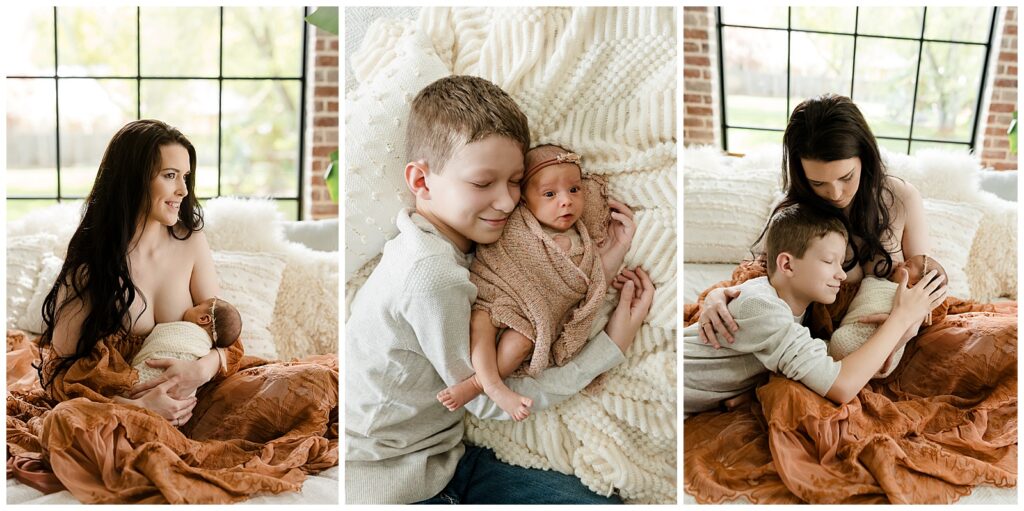 a collage of a beautiful brunette nursing her newborn daughter alongside a photo of her son snuggling his new sister and another of the 3 of them all tucked together.