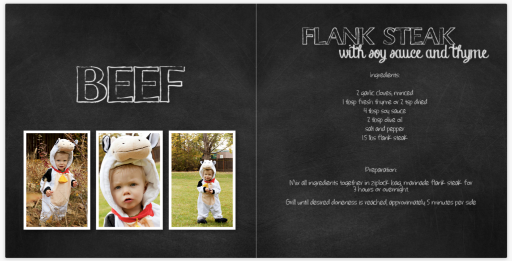 Cookbook page titled 'Beef Recipes' featuring a toddler boy in a black and white cow costume.