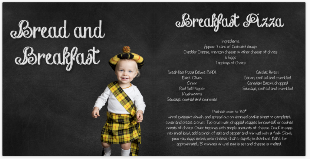 Cookbook page titled 'Bread and Breakfast' featuring a smiling toddler boy in a McLeod family tartan