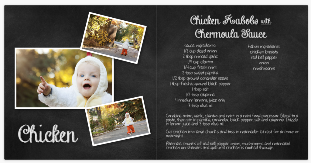 Cookbook page titled 'Chicken Recipes' featuring a smiling toddler boy in a fluffy costume,