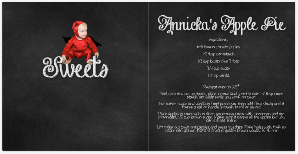 Cookbook page titled 'Sweets' with dessert recipes featuring a toddler boy in a devil costume