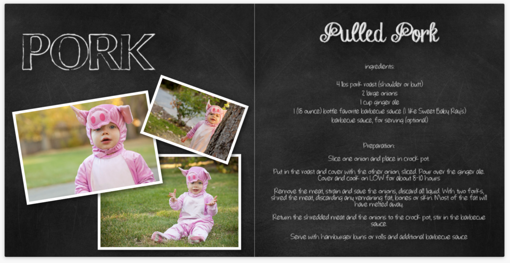 Cookbook page titled 'Pork Recipes' featuring a smiling toddler boy in a plump pink pig costume, sitting in the gross