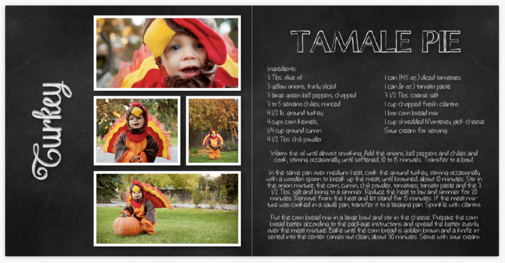 Cookbook page titled 'turkey Recipes' featuring a baby boy in a turkey costume,