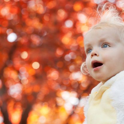 Toddler boy in fluffy yellow chicken costume sitting among autumn leaves at sunset