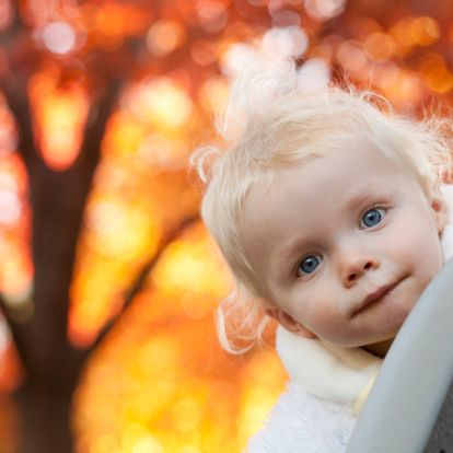  18-month-old in chicken outfit standing in golden evening light, surrounded by colorful autumn leaves