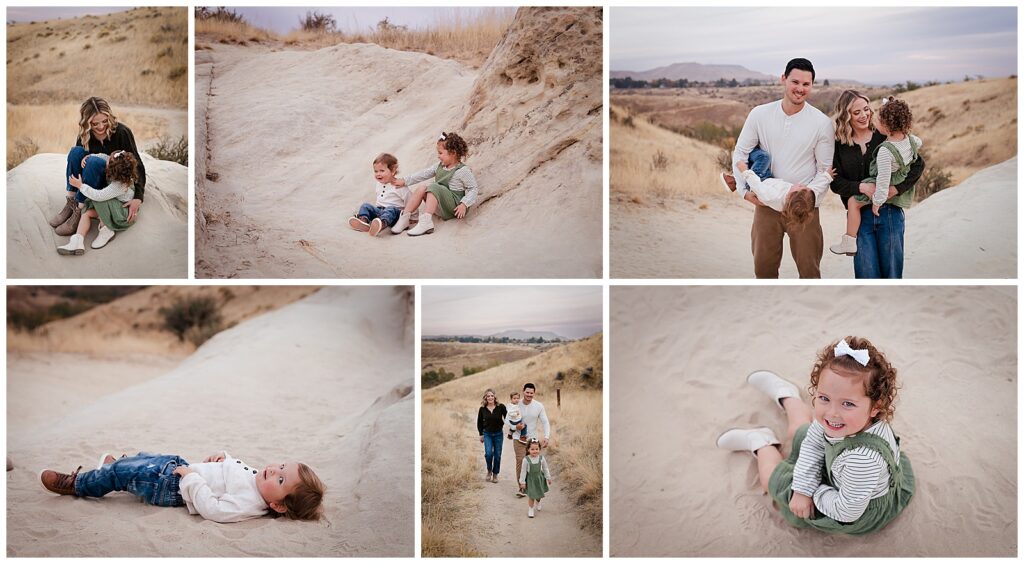 kids wearing adorable fall outfits and playing in the sand for family photos at the Elephant Rock trailhead in Boise Idaho