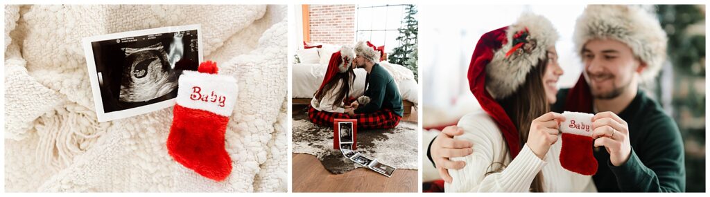 pregnancy announcement for a couple wearing red santa hats holding up their ultrasound photos and a tiny red stocking that says baby