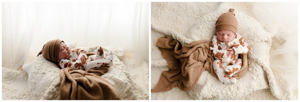 newborn baby boy dressed in a gingerbread man onesie with an adorable brown hat and swaddle wrap