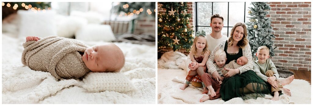 family of 6 dressed in holiday colors with newborn baby in front of Glean and Co photography's brick studio wall with christmas trees