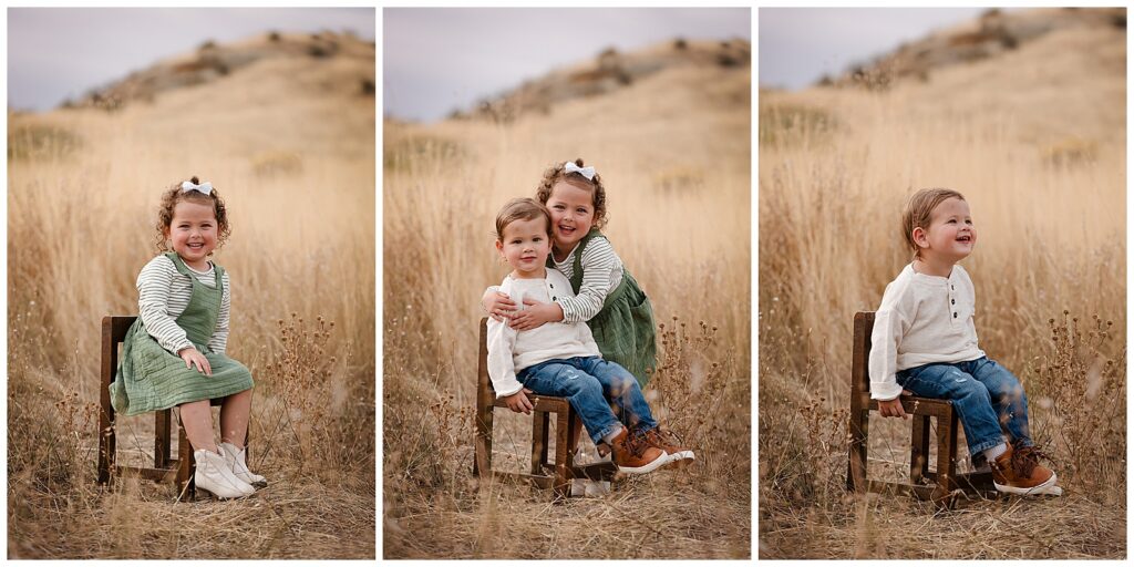 siblings sitting on a wooden chair amongst the foothills of Boise Idaho