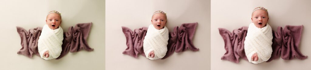 before and after series of images of a newborn baby girl laying on a tan background with a purple blanket. this image is showcasing the progression of color correction and more advanced editing techniques