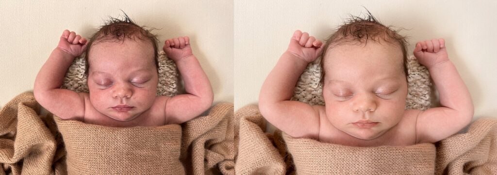 a before and after example of a newborn baby boy to showcase quick baby editing using simple techniques and free apps like lightroom mobile