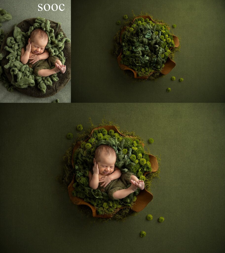 an example of baby photo editing where the newborn is composited into a different background using advanced photoshop techniques