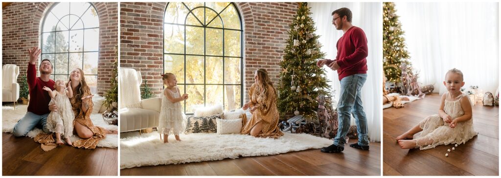 a young girl with her parents tosses marshmellows together in boise idaho for a bit of holiday fun with kids