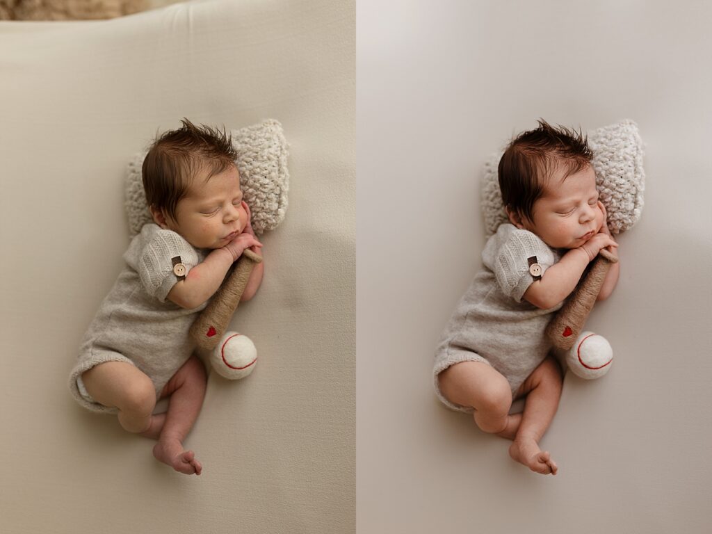 Using photoshop can help you achieve before and afters like seen here in this image of a sleeping newborn baby