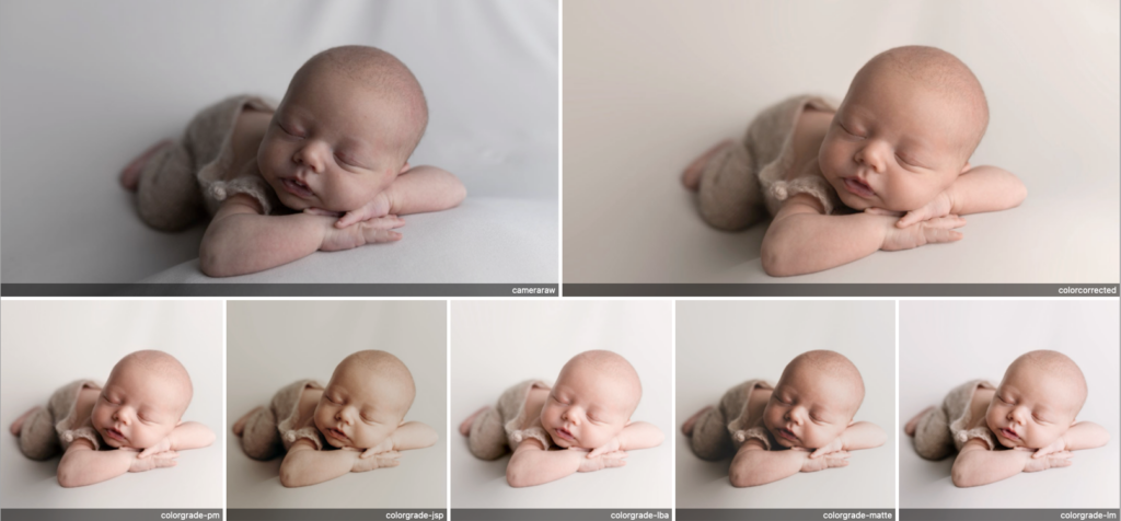 a newborn photo before and after progression from straight out of camera, to color corrected to fix skin tons and finally to color graded.