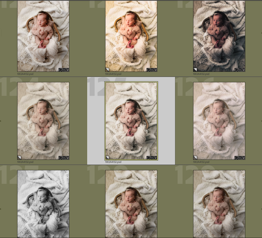 a collection of presets used on the same newborn image, showcasing how they are not magic bullets to fix skin tones