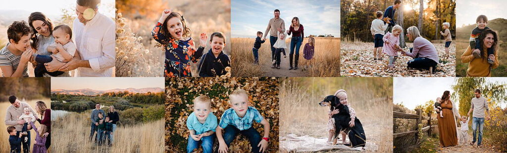 Fall family photos Boise collage showing multiple families photographed in Treasure Valley autumn locations
