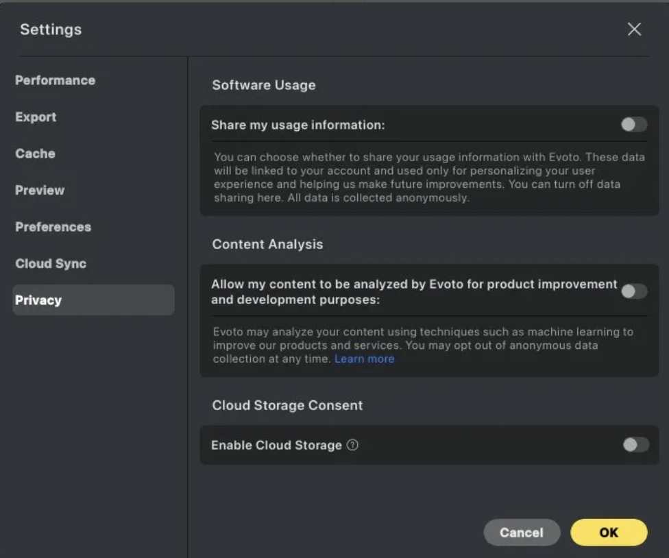a screenshot with the Evoto export settings for ai editing for photographers who want to protect their images from being used for training purposes
