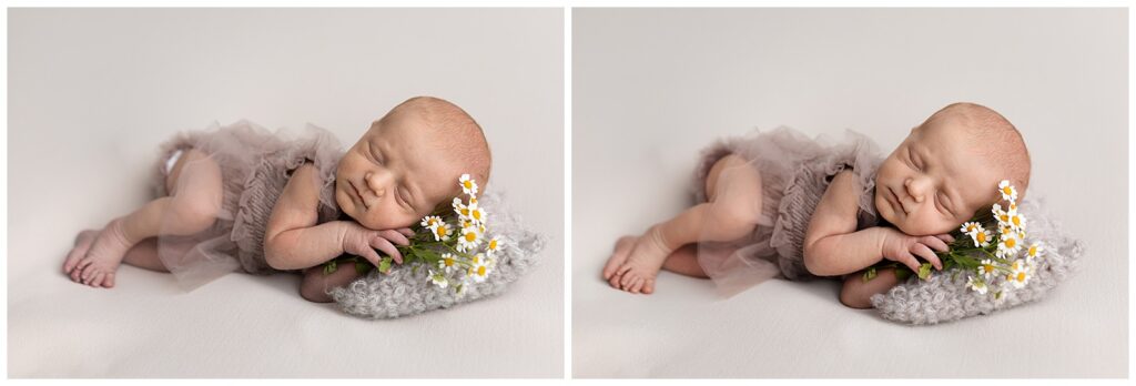 newborn baby girl before and after photo with purple feet needing newborn color correction next to an edited image where feet look healthy and balanced