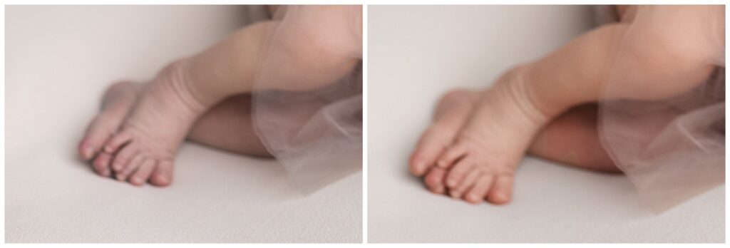 close up before and after photo with purple feet needing newborn color correction next to an edited image where feet look healthy and balanced